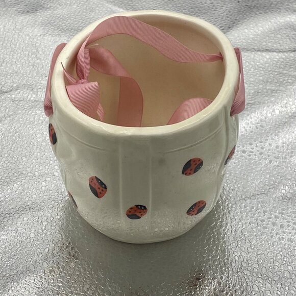Hand-Painted Ceramic Planter Ladybug Basket White Pink Ribbon Handles Candy Dish - Picture 3 of 9
